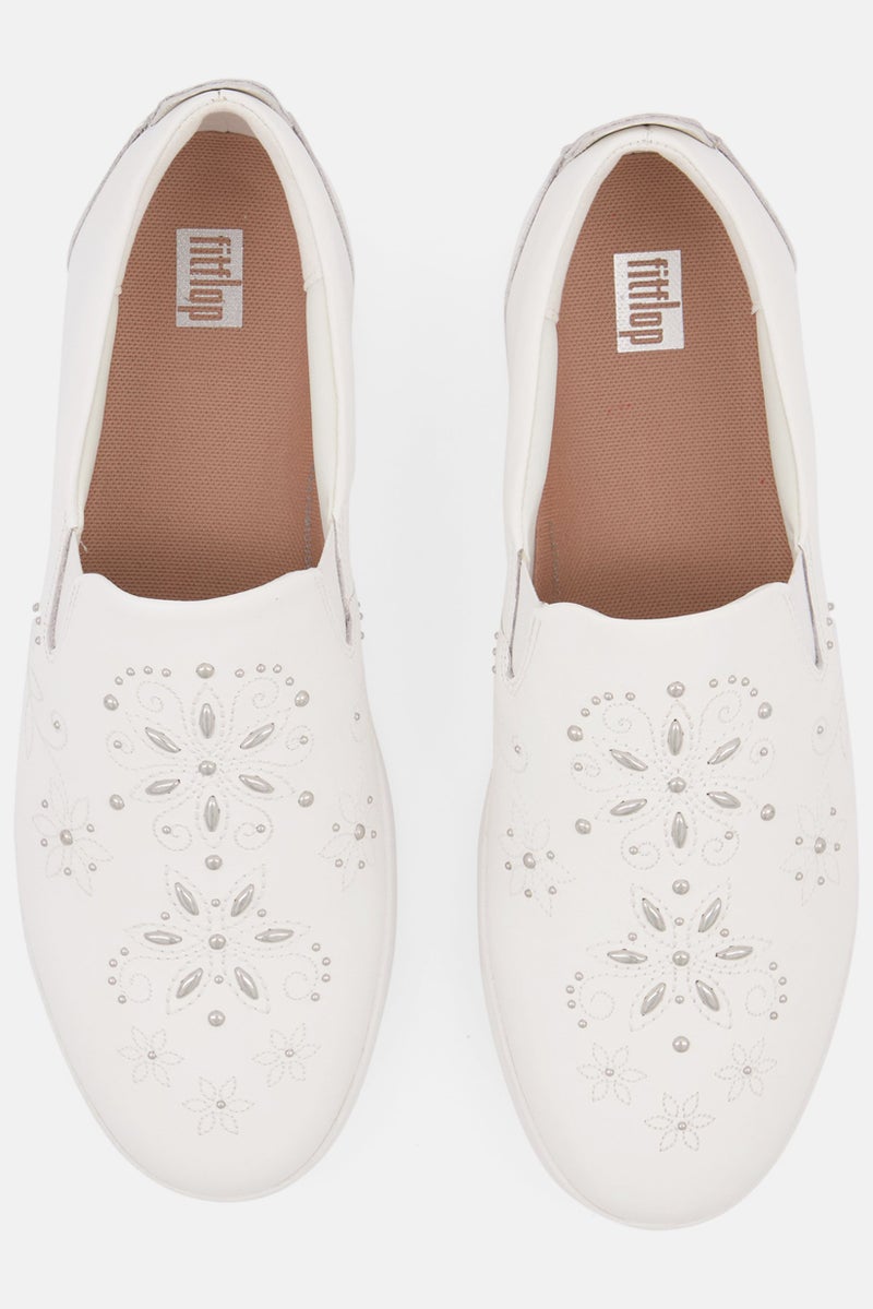 FitFlop Women Slip On Sania Skate Flower Stud Shoes, White - Image 4